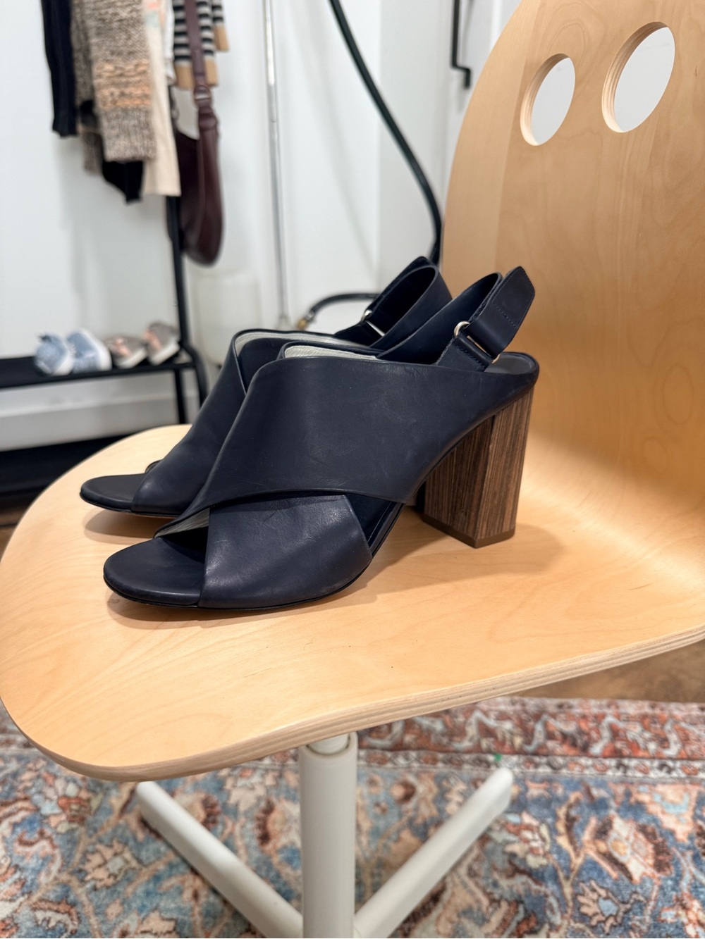 Vince Navy Cross-Front Leather Block Heel Slingbacks